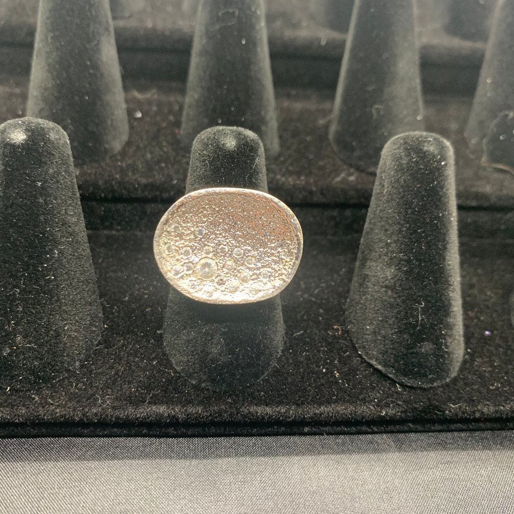 Melinda Maria Textured Silver Oval Crystal Ring